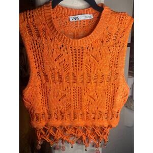 Zara Orange Crochet Knit Beaded Fringe Sleeveless Top
